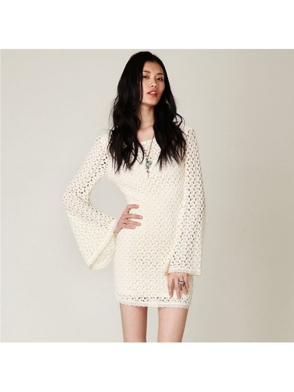 Free People Cream Crochet Mini Dress with Bell Sleeves